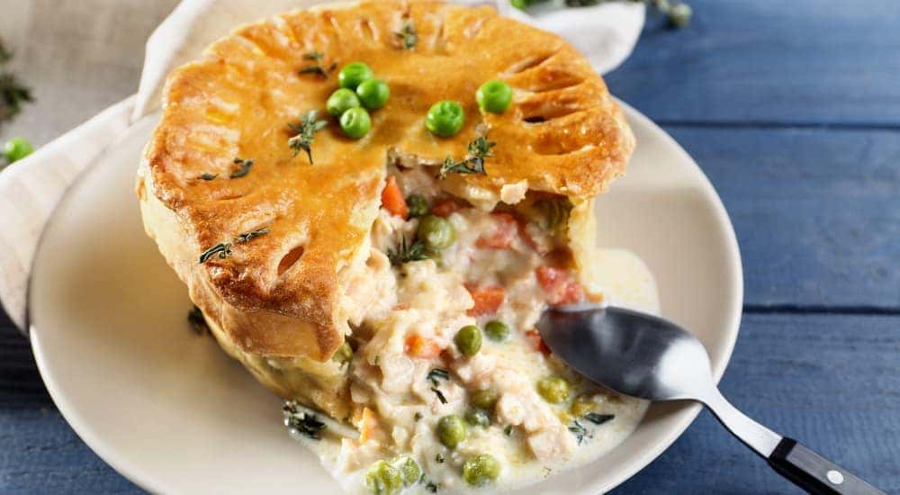 A plate of homemade chicken pot pie is shown.