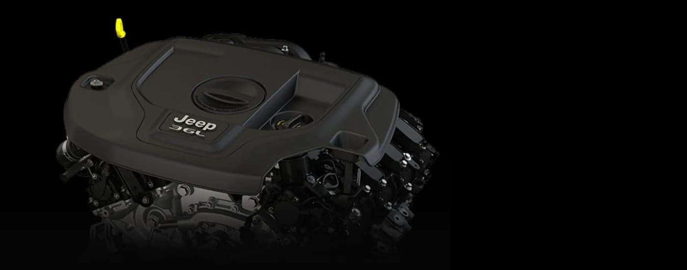 A close up shows the engine of a 2023 Jeep Grand Cherokee.