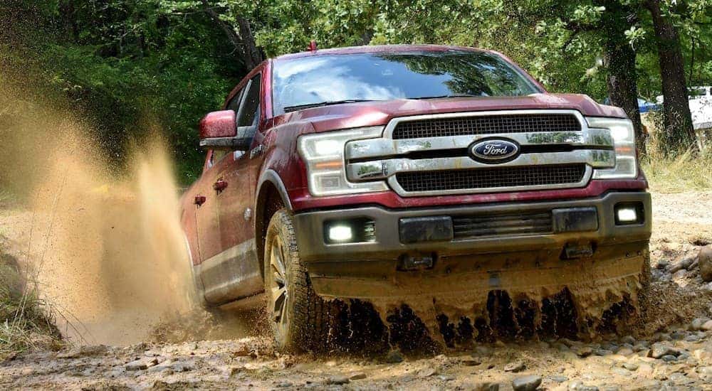 A red 2018 Ford F-150, which is a popular option among used cars near me, is driving through a mud puddle near Costa Mesa, CA.