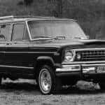 A black and white photo is shown of a classic Jeep for sale, the 1978 Wagoneer.