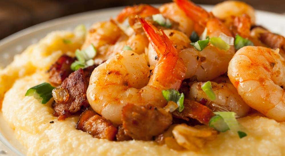 Shrimp and grits from a Costa Mesa, CA, restaurant is shown.