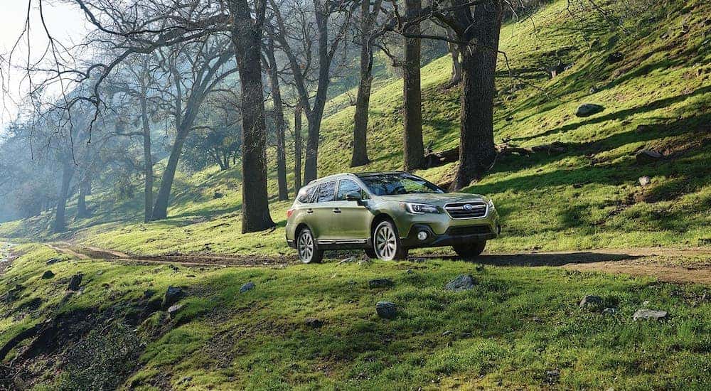 A green 2019 Subaru Outback is driving on a woodland road outside Costa Mesa, CA.
