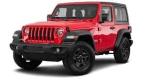 A red 2021 Jeep Wrangler Sport is angled left.