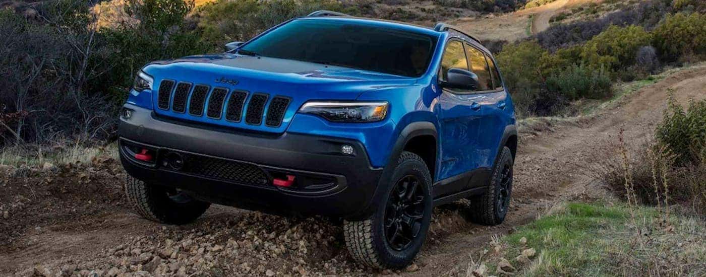 A blue 2019 used Jeep Cherokee is off-roading on a dirt trail past shrubs.