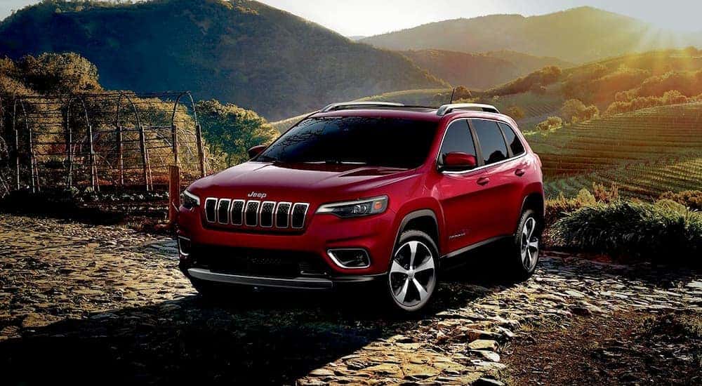 A red 2019 used Jeep Cherokee is parked on stone over-looking vineyards.