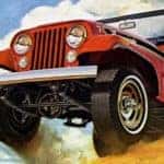 A red 2975 Jeep CJ-5 is shown jumping a dirt pile in a 1970s ad.