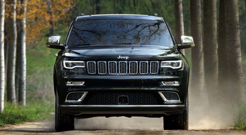 A black 2019 Jeep Grand Cherokee is shown from the front on a tree-lined road after leaving a used Jeep dealer.
