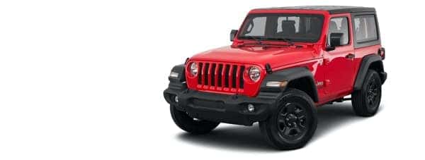 A red 2021 Jeep Wrangler is angled left.