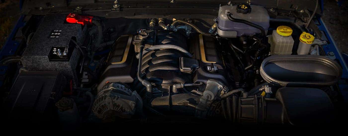 A close up shows the engine bay on a 2021 Jeep Wrangler Rubicon 392.