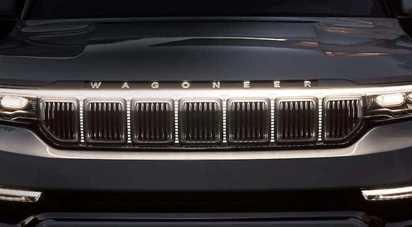 The front of a 2022 Wagoneer shows the front grille at a California Wagoneer dealer.