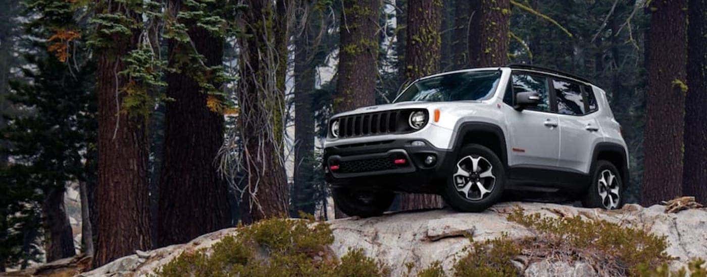 A silver 2020 Jeep Renegade Trailhawk is shown parked on a rock face.