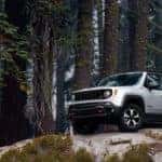A silver 2020 Jeep Renegade Trailhawk is parked on rocks.