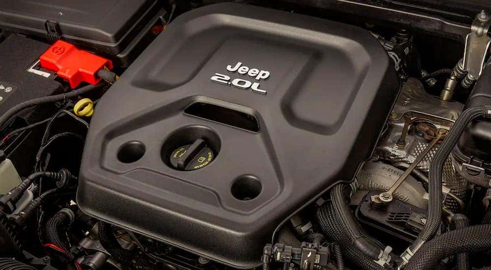 A close up shows the engine in a 2021 Jeep Wrangler 4xe.