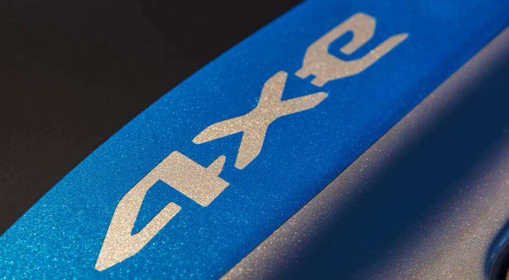 A close up shows the 4xe badge on a 2021 Jeep Wrangler 4xe.
