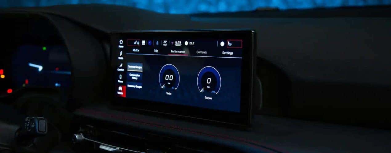 A close up of the infotainment screen in a 2023 Dodge Hornet is shown.
