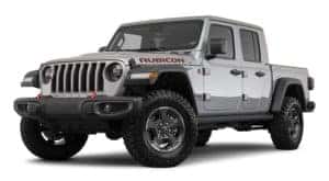 A silver 2023 Jeep Gladiator Rubicon is shown from the front at an angle.