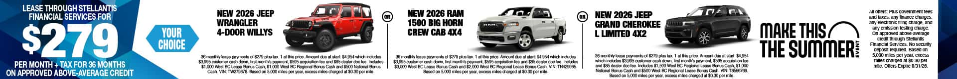 NEW 2026 JEEP WRANGLER 4-DOOR WILLYS or NEW 2026 RAM 1500 BIG HORN CREW CAB 4X4 or NEW 2026 JEEP GRAND CHEROKEE L LIMITED 4X2
