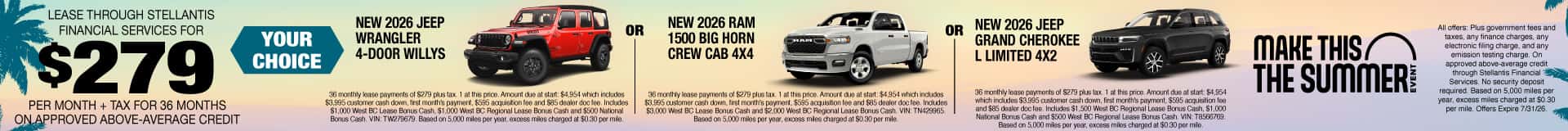 NEW 2026 JEEP WRANGLER 4-DOOR WILLYS or NEW 2026 RAM 1500 BIG HORN CREW CAB 4X4 or NEW 2026 JEEP GRAND CHEROKEE LIMITED 4X2