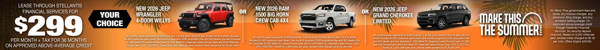NEW 2026 JEEP WRANGLER 4-DOOR WILLYS or NEW 2026 RAM 1500 BIG HORN CREW CAB 4X4 or NEW 2026 JEEP GRAND CHEROKEE LIMITED