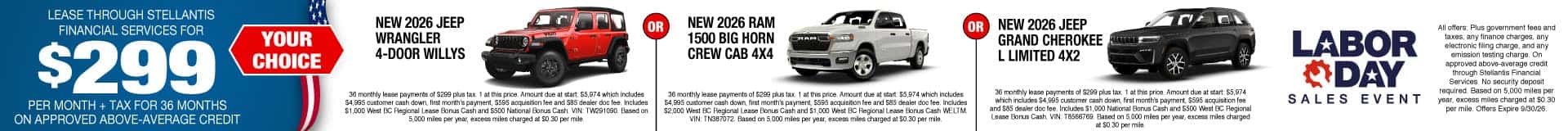 NEW 2026 JEEP WRANGLER 4-DOOR WILLYS or NEW 2026 RAM 1500 BIG HORN CREW CAB 4X4 or NEW 2026 JEEP GRAND CHEROKEE L LIMITED 4X2