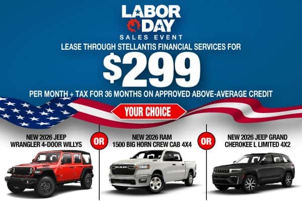 NEW 2026 JEEP WRANGLER 4-DOOR WILLYS or NEW 2026 RAM 1500 BIG HORN CREW CAB 4X4 or NEW 2026 JEEP GRAND CHEROKEE L LIMITED 4X2