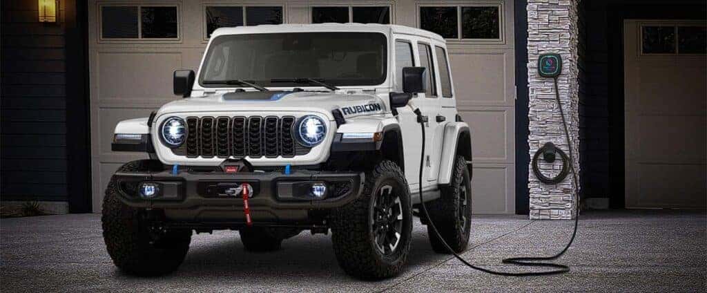 2025 Jeep Wrangler 4xe being charged from a home
