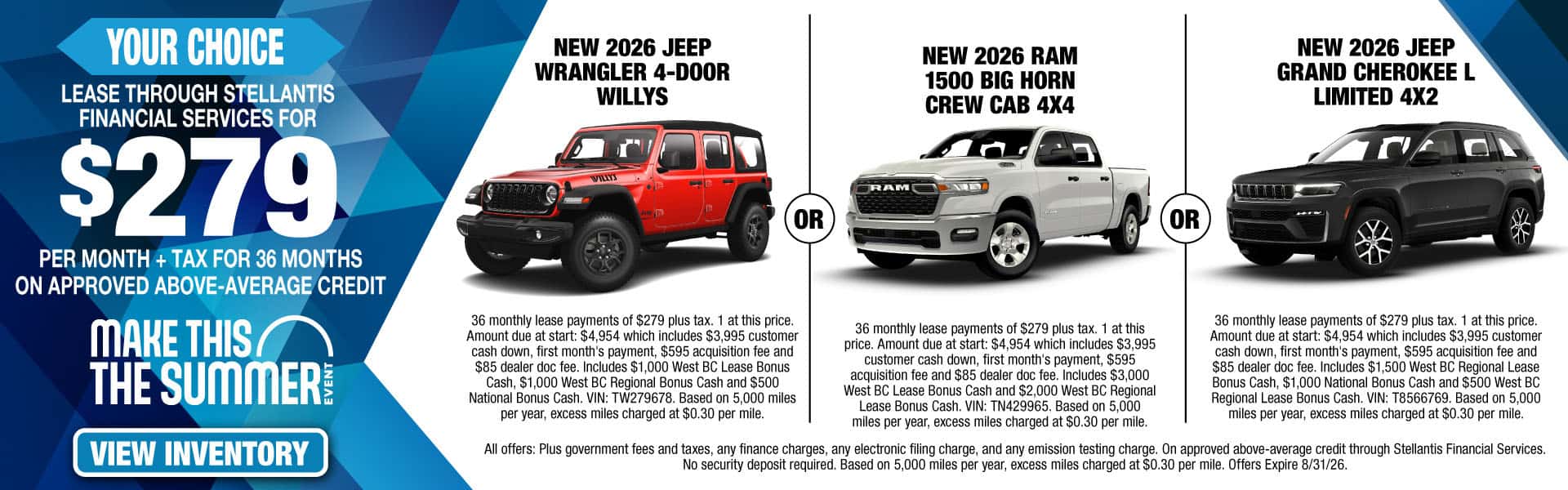 NEW 2026 JEEP WRANGLER 4-DOOR WILLYS or NEW 2026 RAM 1500 BIG HORN CREW CAB 4X4 or NEW 2026 JEEP GRAND CHEROKEE L LIMITED 4X2