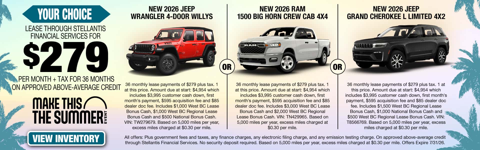 NEW 2026 JEEP WRANGLER 4-DOOR WILLYS or NEW 2026 RAM 1500 BIG HORN CREW CAB 4X4 or NEW 2026 JEEP GRAND CHEROKEE L LIMITED 4X2