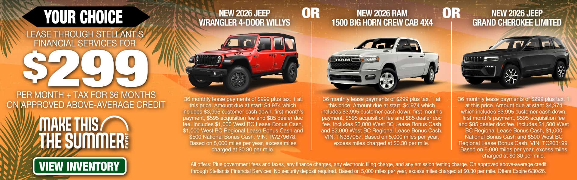NEW 2026 JEEP WRANGLER 4-DOOR WILLYS or NEW 2026 RAM 1500 BIG HORN CREW CAB 4X4 or NEW 2026 JEEP GRAND CHEROKEE LIMITED