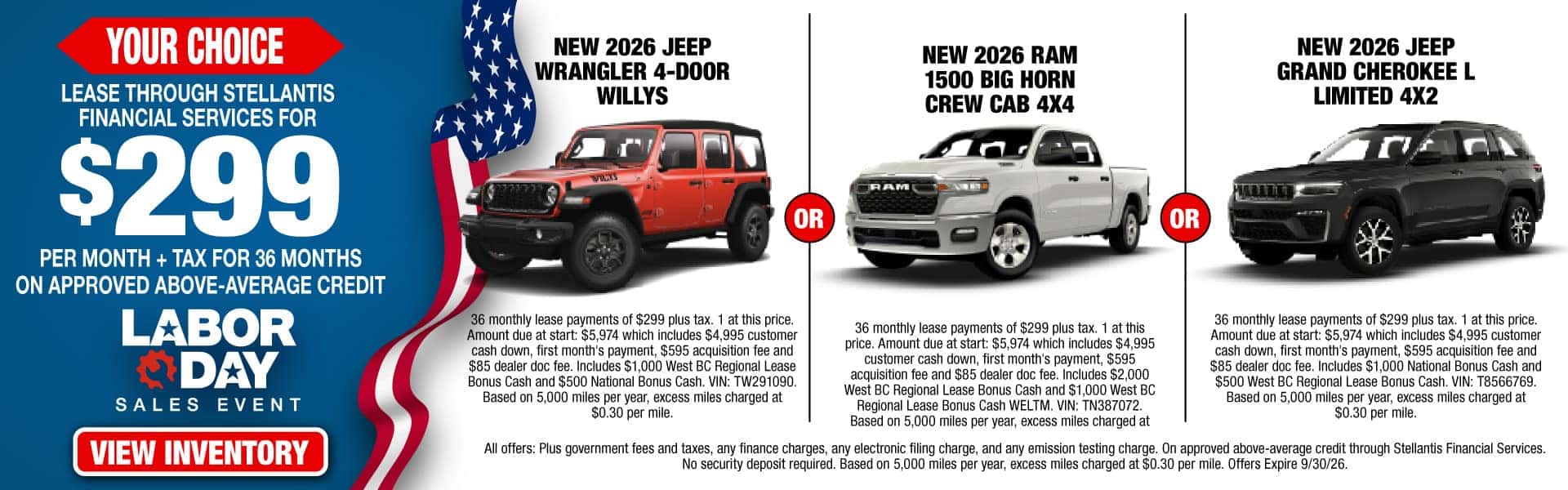 NEW 2026 JEEP WRANGLER 4-DOOR WILLYS or NEW 2026 RAM 1500 BIG HORN CREW CAB 4X4 or NEW 2026 JEEP GRAND CHEROKEE L LIMITED 4X2