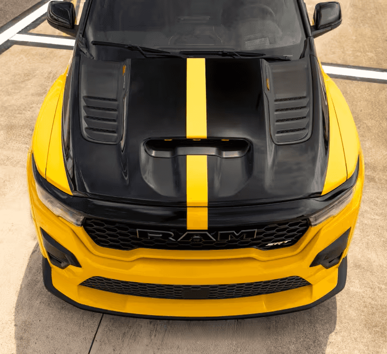 Aggressive styling and track-focused exterior details of the 2027 RAM 1500 Rumble Bee