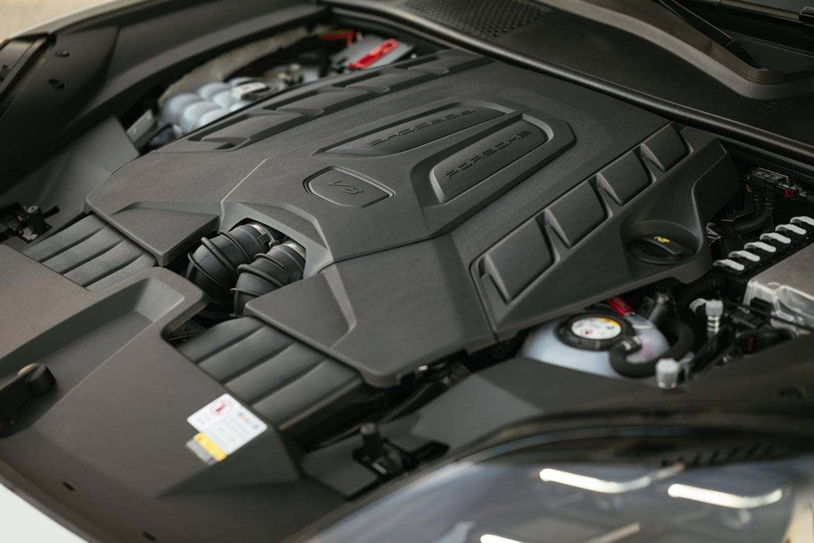 close up view of the 2025 porsche cayenne turbo e-hybrid engine