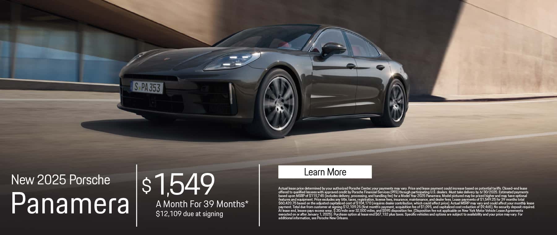 New 2025 Porsche Panamera Lease for $1,549 for 39 Months* $12,109 due from customer at lease signing