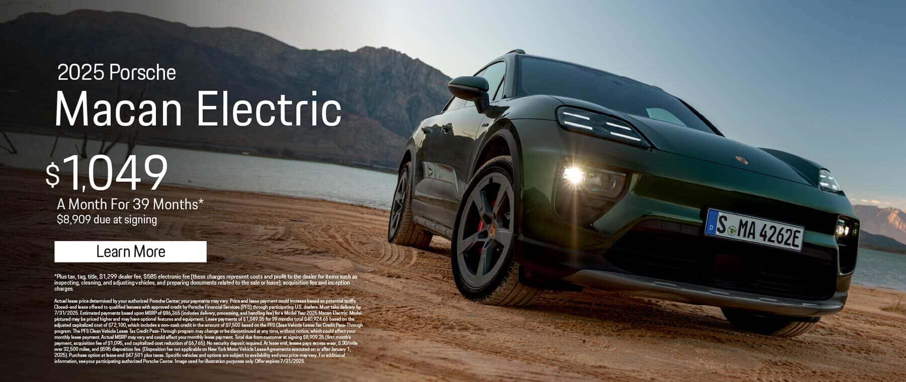 New 2025 Porsche Macan Electric Lease for $1,049 a month for 39 Months* $8,909 Due at signing