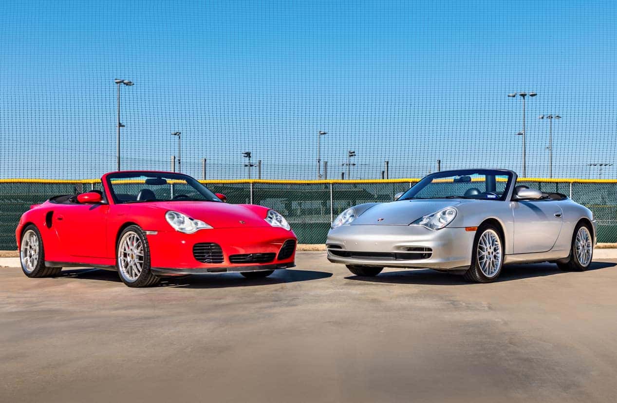 2 Porsche 911 Turbo Convertibles parked head to head. 
