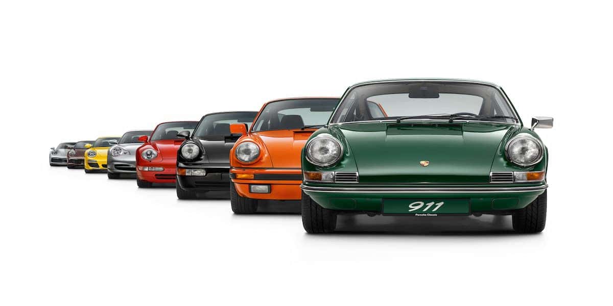A lineup of iconic Porsche 911 generations, showcasing the evolution from the classic green 1960s model in the foreground to modern designs in the background, emphasizing the legacy of Porsche’s engineering and timeless style.