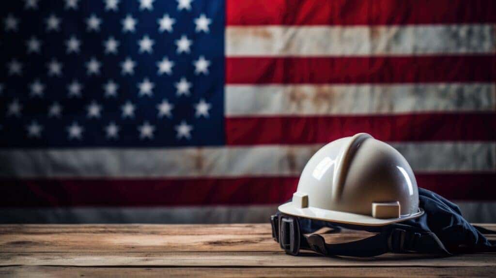 A 3D render of a worker's/engineer's helmet on a wooden table, with the American flag in the background, celebrating Labor Day