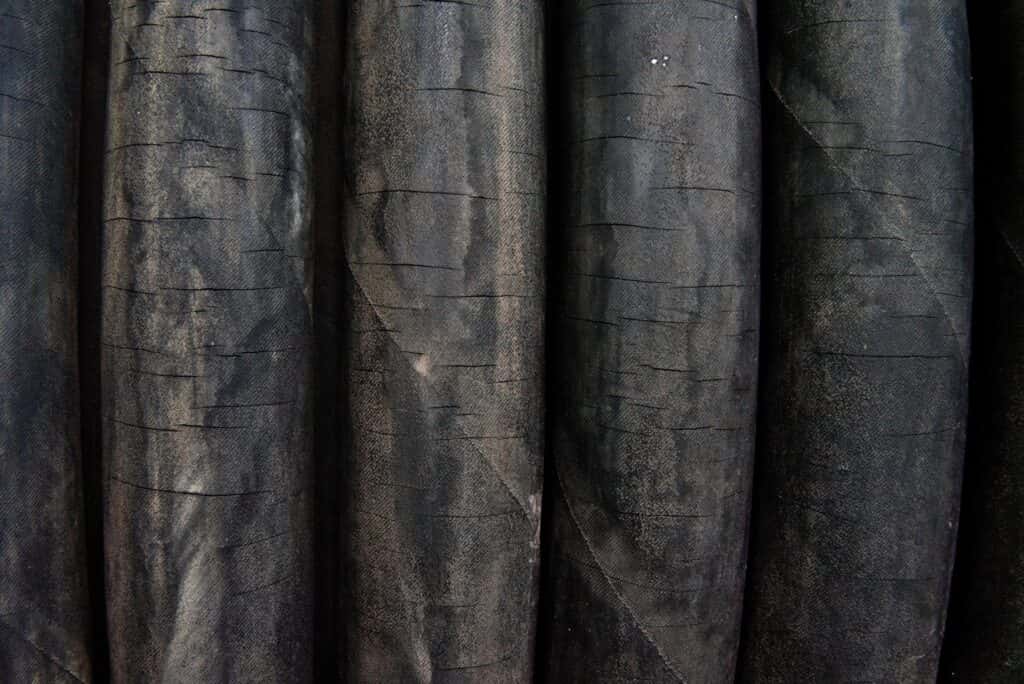 Cracked worn rubber hoses in a coil. Close-up.