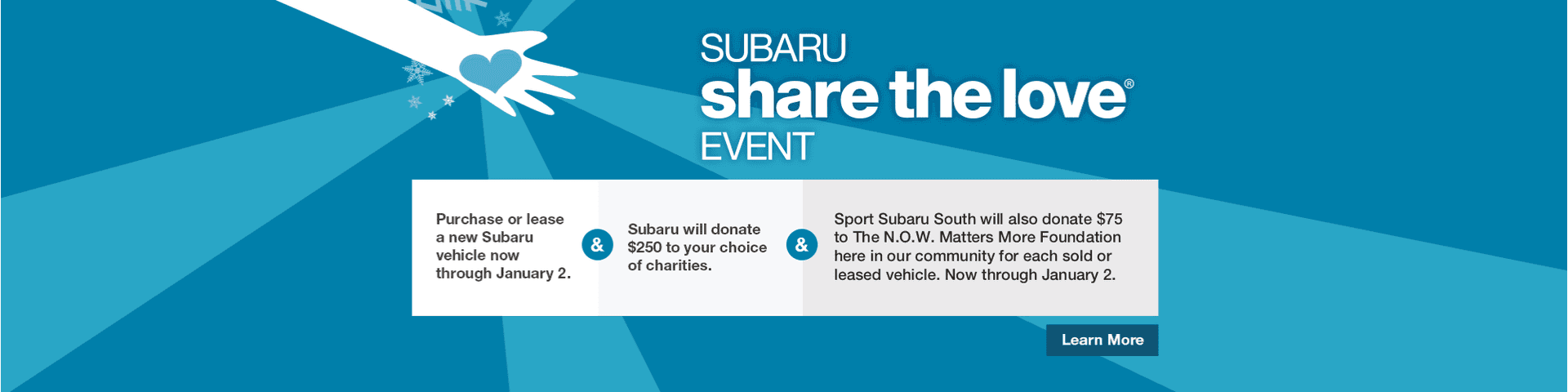 Hand holding blue heart. Subaru Share the Love Event. Learn More button.