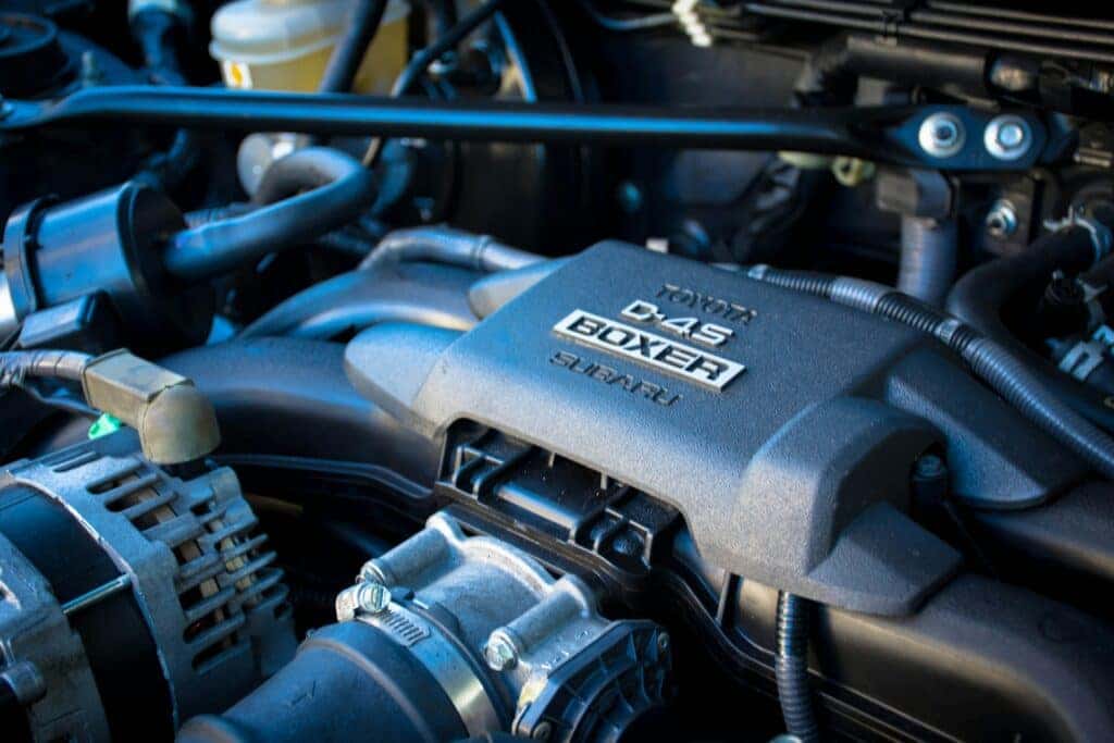 gray and black Subaru boxer engine interior