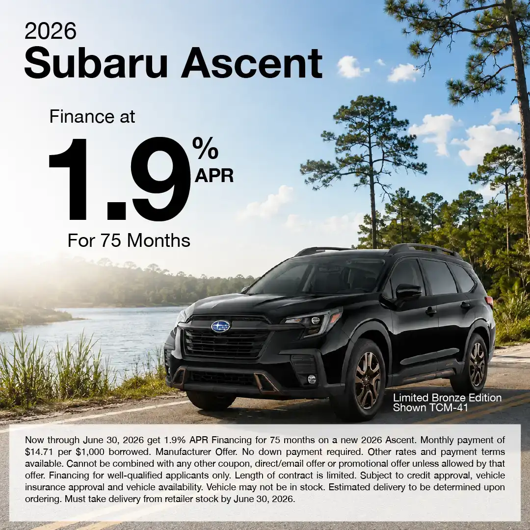 Promotional graphic for the 2026 Subaru Ascent showing a black Ascent parked on a scenic road beside a lake and pine trees. Text reads: “Finance at 1.9% APR for 75 months.” Offer valid through June 30, 2026.