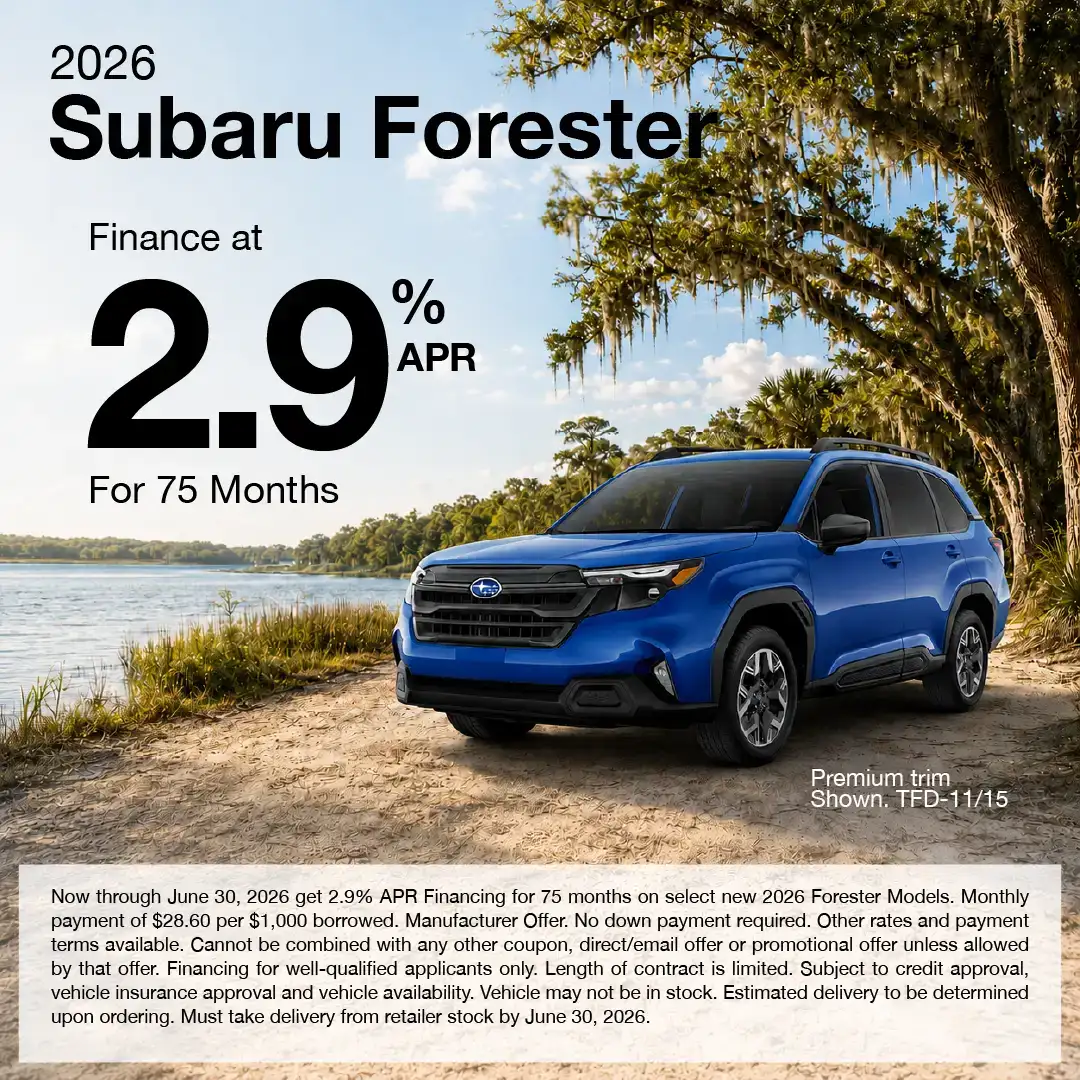 Promotional graphic for the 2026 Subaru Forester showing a blue Forester parked on a sandy lakeside road with trees overhead. Text reads: “Finance at 2.9% APR for 75 months.” Offer valid through June 30, 2026.