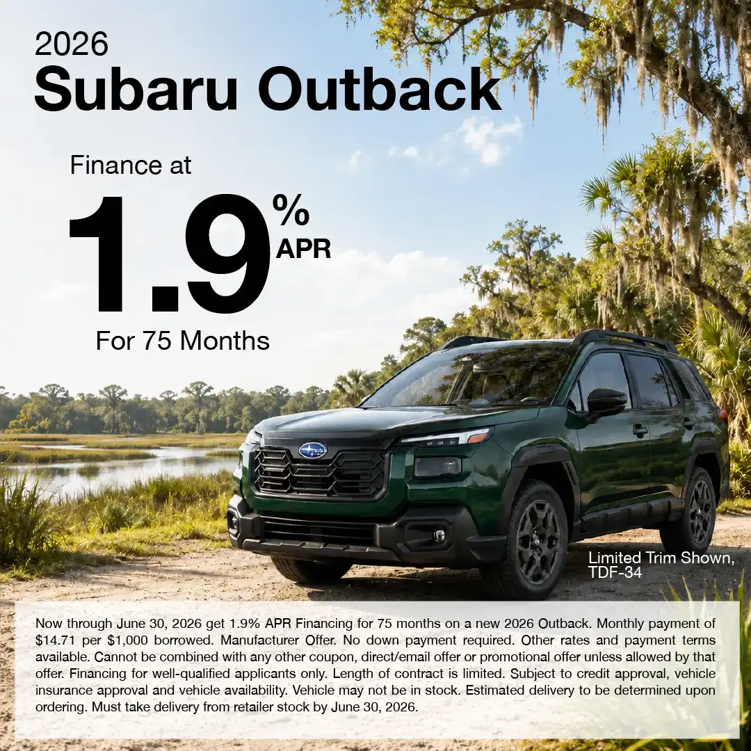 Promotional graphic for the 2026 Subaru Outback showing a green Outback parked on a sandy lakeside road surrounded by trees and marshland. Text reads: “Finance at 1.9% APR for 75 months.” Offer valid through June 30, 2026.