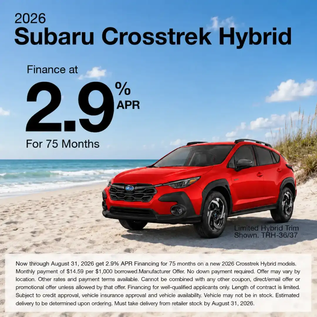 Promotional graphic for the 2026 Subaru Crosstrek Hybrid showing a red Crosstrek Hybrid parked near a lake with palm trees and greenery. Text reads: “Finance at 2.9% APR for 75 months.” Offer valid through August 31, 2026.