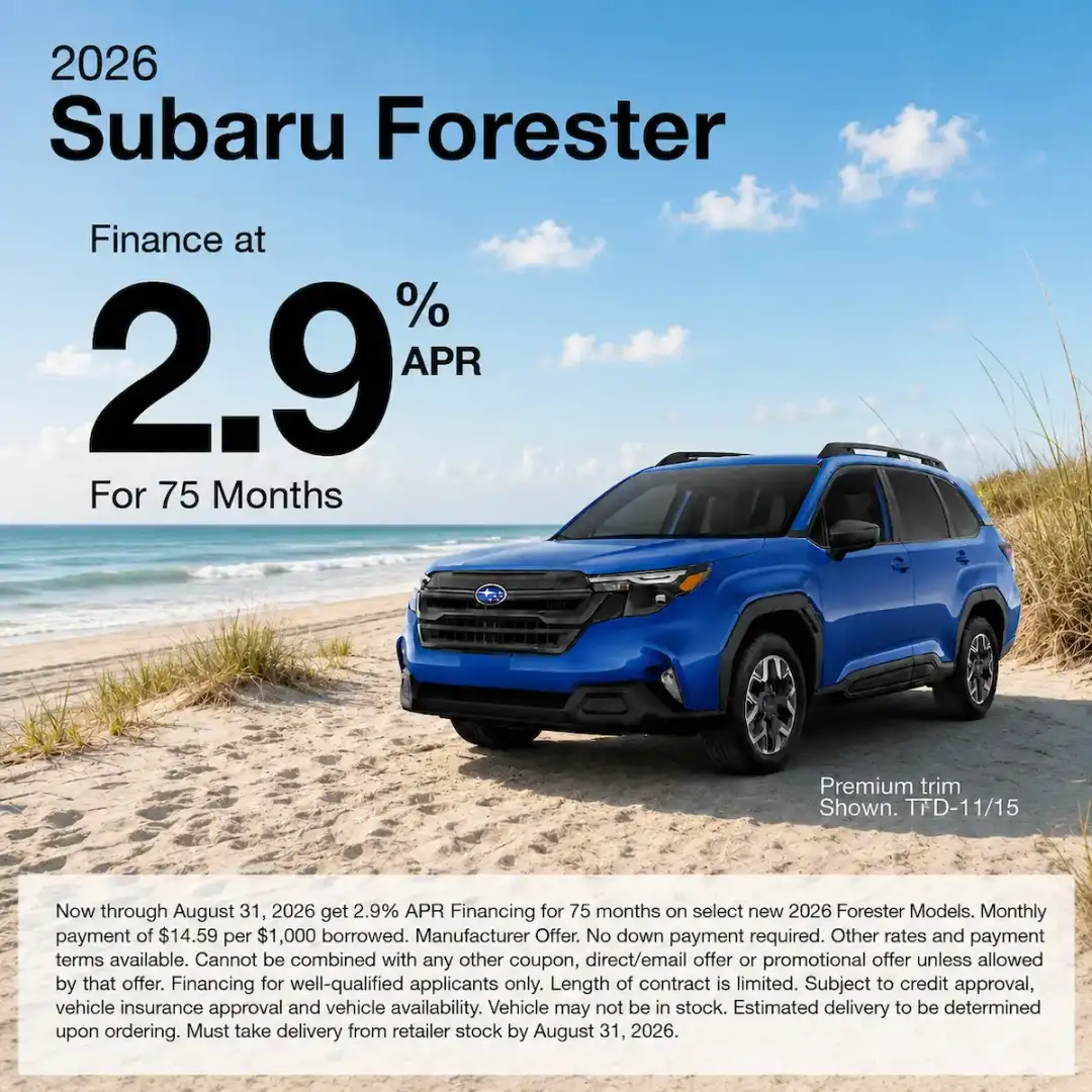 Promotional graphic for the 2026 Subaru Forester showing a blue Forester parked on a sandy lakeside road with trees overhead. Text reads: “Finance at 2.9% APR for 75 months.” Offer valid through August 31, 2026.