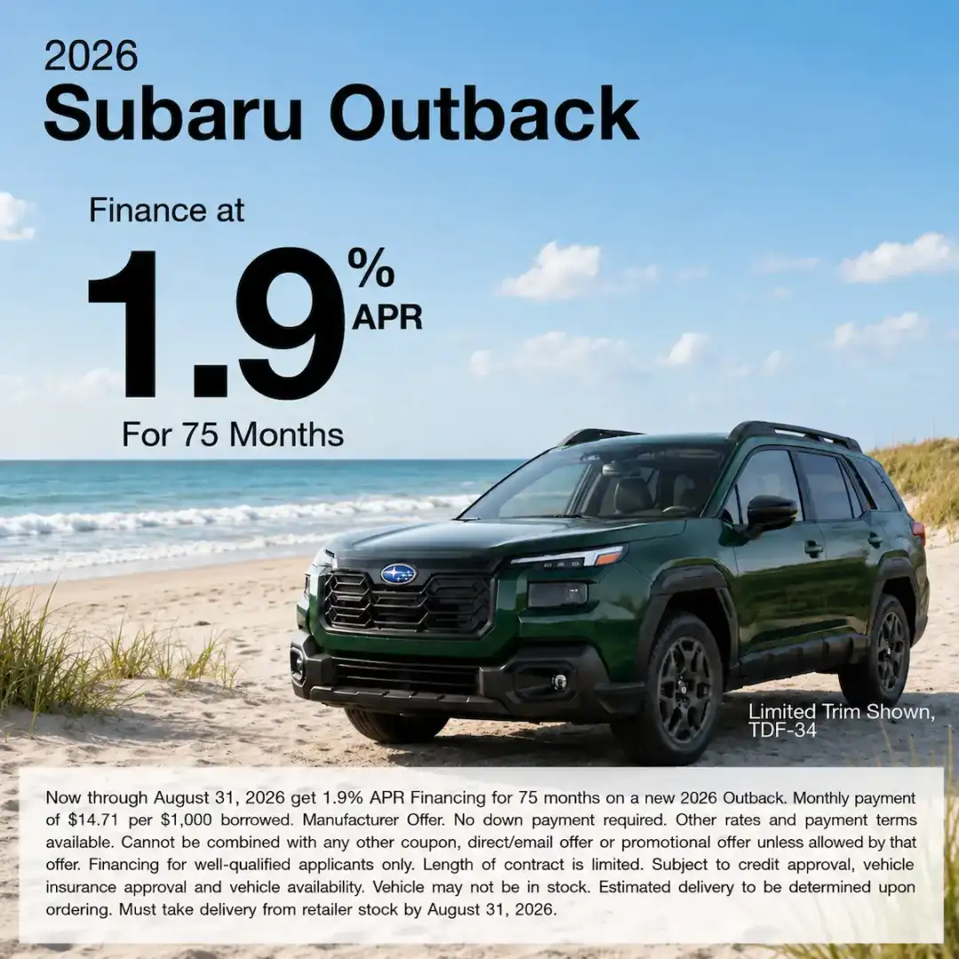 Promotional graphic for the 2026 Subaru Outback showing a green Outback parked on a sandy lakeside road surrounded by trees and marshland. Text reads: “Finance at 1.9% APR for 75 months.” Offer valid through August 31, 2026.