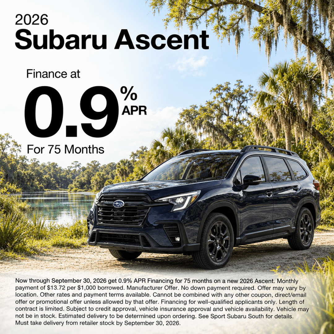 2026 Subaru Ascent beside a Florida spring, advertised at 0.9% APR for 75 months.