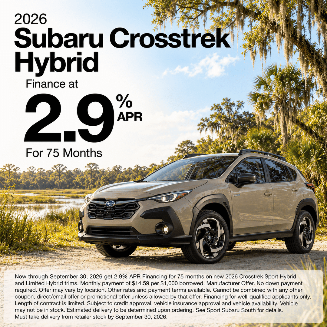 2026 Subaru Crosstrek Hybrid beside Florida wetlands, advertised at 2.9% APR for 75 months.
