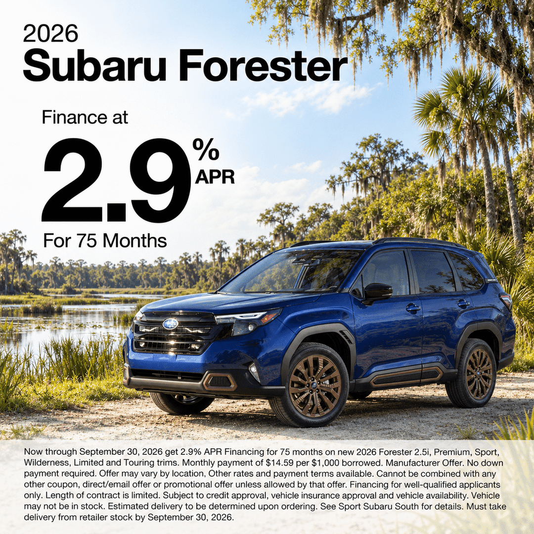 2026 Subaru Forester beside a Florida marsh, advertised at 2.9% APR for 75 months.