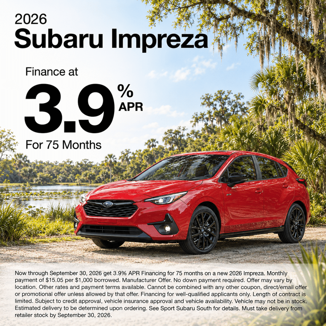 2026 Subaru Impreza beside a Florida spring, advertised at 3.9% APR for 75 months.